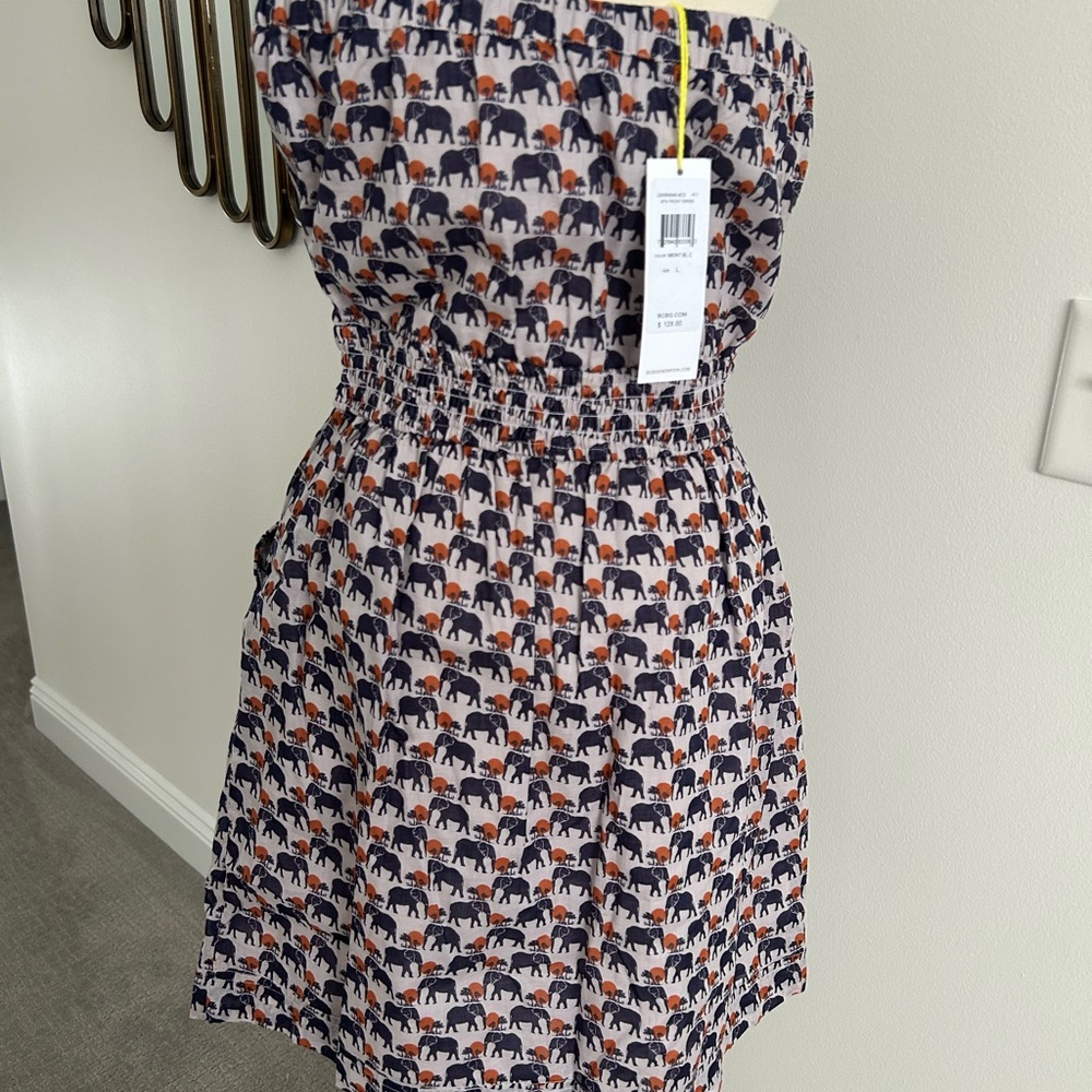 NWT BCBGeneration Strapless Elephant Print Dress Navy Orange Safari BUTTON Large - Picture 5 of 16